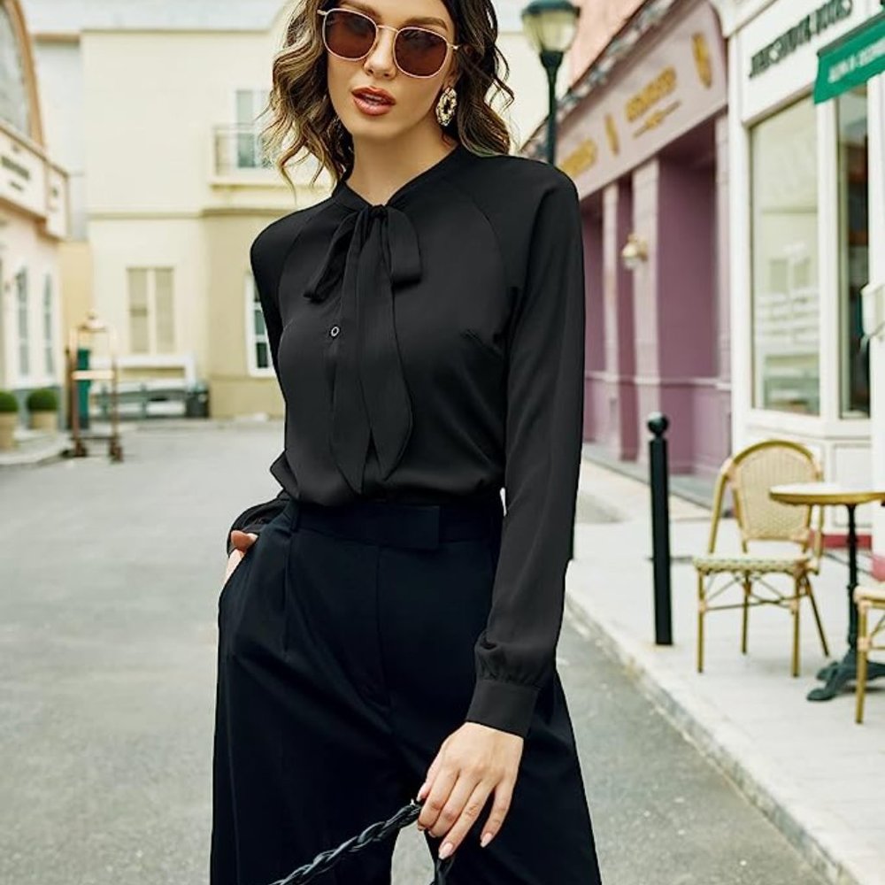 Classic Black Tie-Neck Blouse - Women's Elegant Long Sleeve Top